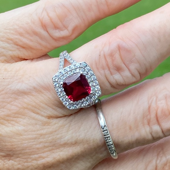 Simulated Ruby ring .925 Sterling Silver 10 mm Ruby surrounded 2 layers CZ sz 7 - Picture 5 of 16